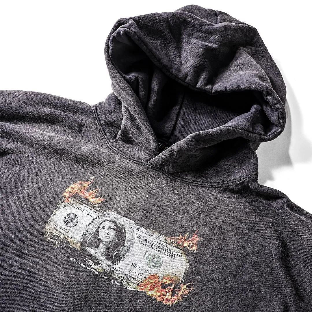SAINT Mxxxxxx × PAY MONEY TO MY PAIN PTP_HOODIE/BRAND MONEY/BLK Co-branded PTP Virgin Mary dollar hoodie Washed black S-XL Assute dyeing The whole piece is sprayed with horse fade Mold customization joint main mark/washed mark Factory four-needle and six-thread workmanship No bone seams More comfortable to wear Repeated modification of proofing Authentic grade crack printing VINTAGE value is full